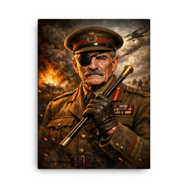Adrian Carton de Wiart eyepatch and swagger stick canvas print on a plain backdrop in size 18