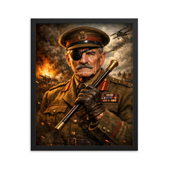 Adrian Carton de Wiart eyepatch and swagger stick framed print on a plain backdrop in size 16"x20".