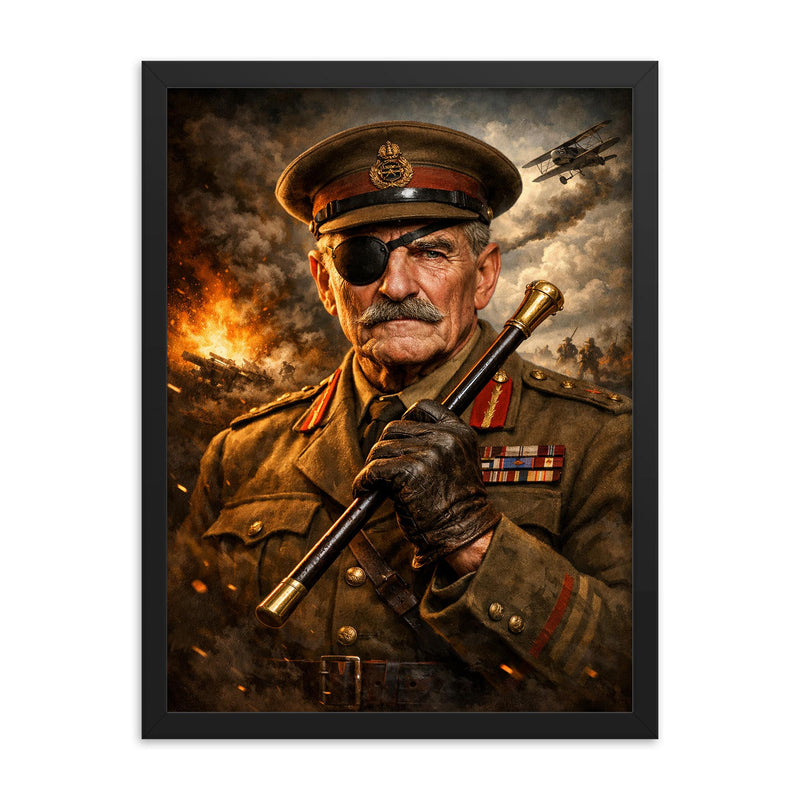 Adrian Carton de Wiart eyepatch and swagger stick framed print on a plain backdrop in size 18