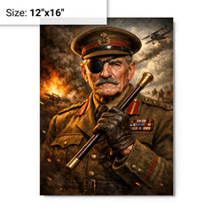 Adrian Carton de Wiart eyepatch and swagger stick metal print on a plain backdrop in size 12"x16".