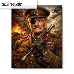 Adrian Carton de Wiart eyepatch and swagger stick metal print on a plain backdrop in size 16"x20".