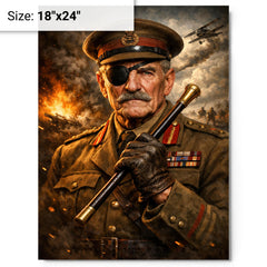 Adrian Carton de Wiart eyepatch and swagger stick metal print on a plain backdrop in size 18"x24".