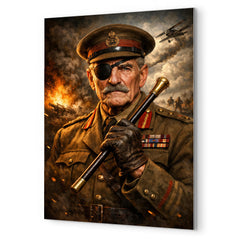 Adrian Carton de Wiart eyepatch and swagger stick metal print mockup