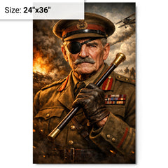 Adrian Carton de Wiart eyepatch and swagger stick metal print on a plain backdrop in size 24"x36".