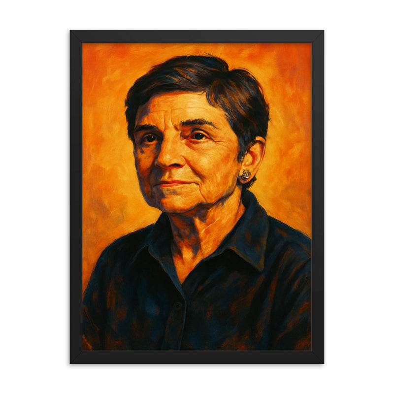 Adrienne Rich framed print on a plain backdrop in size 18