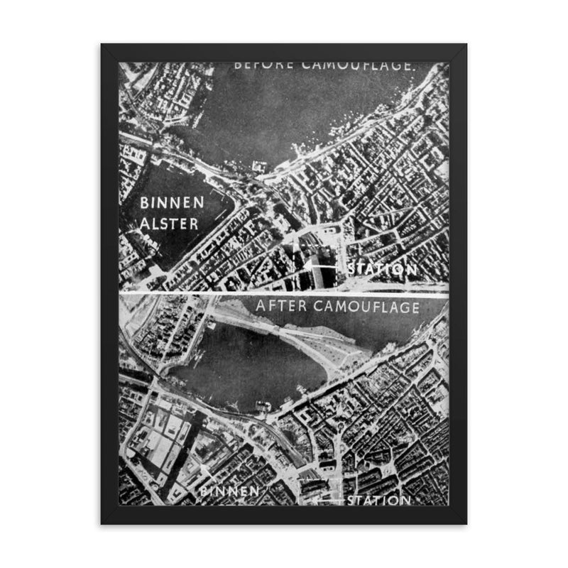 Aerial Photos of Hamburg, Germany During WWII: Camouflage Over Binnen Alster framed print on a plain backdrop in size 18