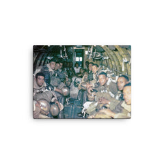 African American Paratroopers of the 555th Parachute Infantry Battalion Jumping from Douglas C-47, Wallowa Forest, Oregon, 1945 canvas print on a plain backdrop in size 12"x16".