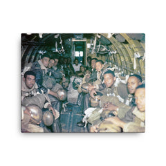 African American Paratroopers of the 555th Parachute Infantry Battalion Jumping from Douglas C-47, Wallowa Forest, Oregon, 1945 canvas print on a plain backdrop in size 16"x20".