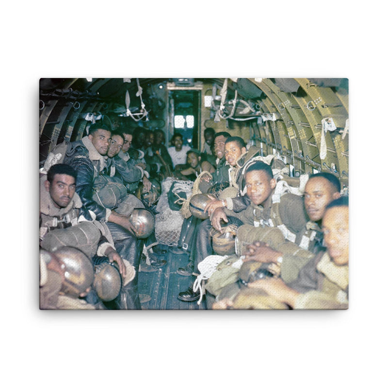 African American Paratroopers of the 555th Parachute Infantry Battalion Jumping from Douglas C-47, Wallowa Forest, Oregon, 1945 canvas print on a plain backdrop in size 18