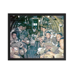 African American Paratroopers of the 555th Parachute Infantry Battalion Jumping from Douglas C-47, Wallowa Forest, Oregon, 1945 framed print on a plain backdrop in size 16"x20".