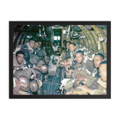 African American Paratroopers of the 555th Parachute Infantry Battalion Jumping from Douglas C-47, Wallowa Forest, Oregon, 1945 framed print on a plain backdrop in size 18"x24".