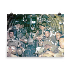 African American Paratroopers of the 555th Parachute Infantry Battalion Jumping from Douglas C-47, Wallowa Forest, Oregon, 1945 poster on a plain backdrop in size 8"x10".