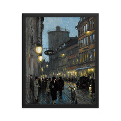 Aftenstemning (Street in the Evening) by Paul Gustave Fischer framed print on a plain backdrop in size 16"x20".