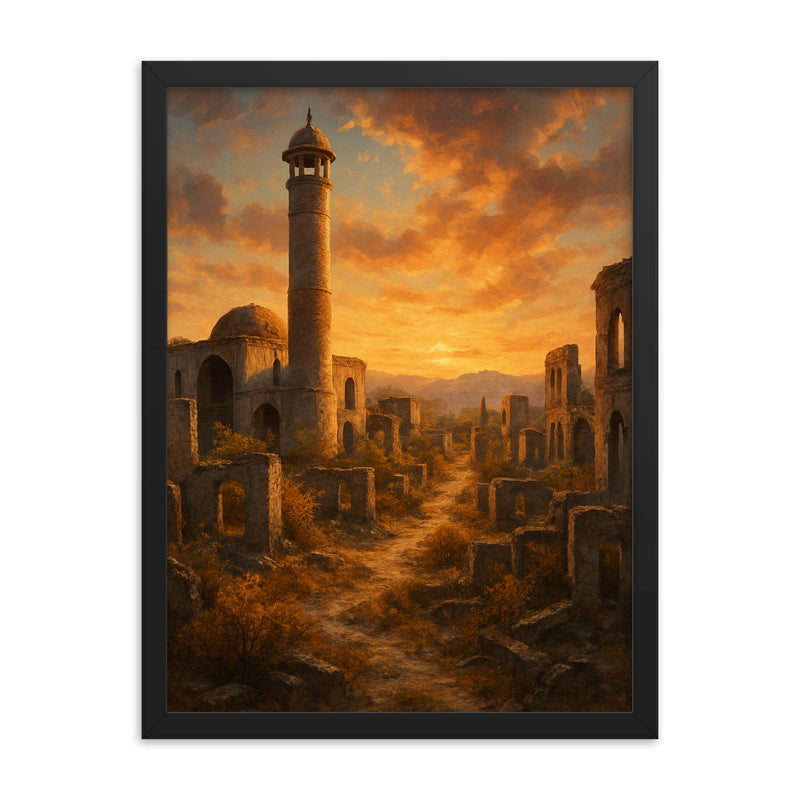 Aghdam Ghost City Azerbaijan framed print on a plain backdrop in size 18