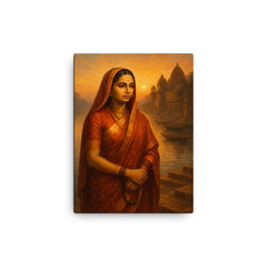 Ahilyabai Holkar by river ghats at dawn canvas print on a plain backdrop in size 12"x16".