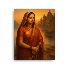 Ahilyabai Holkar by river ghats at dawn canvas print on a plain backdrop in size 16"x20".