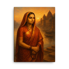 Ahilyabai Holkar by river ghats at dawn canvas print on a plain backdrop in size 18"x24".