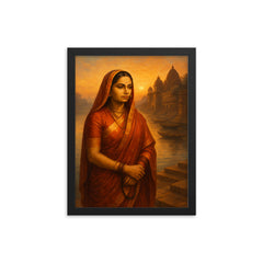 Ahilyabai Holkar by river ghats at dawn framed print on a plain backdrop in size 12"x16".