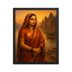 Ahilyabai Holkar by river ghats at dawn framed print on a plain backdrop in size 16"x20".