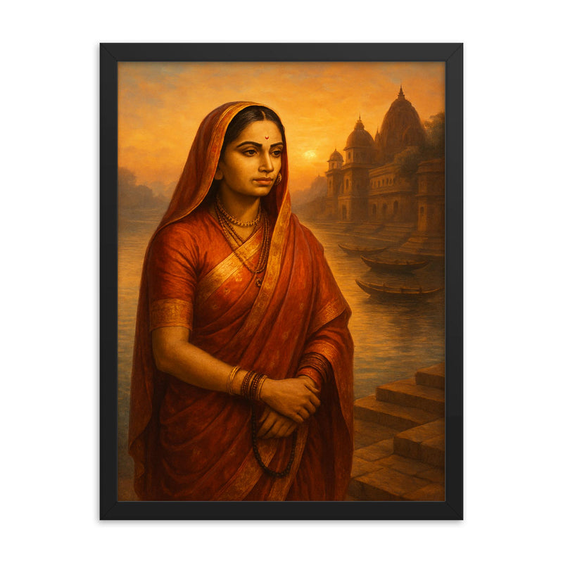 Ahilyabai Holkar by river ghats at dawn framed print on a plain backdrop in size 18