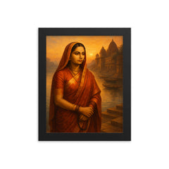 Ahilyabai Holkar by river ghats at dawn framed print on a plain backdrop in size 8"x10".