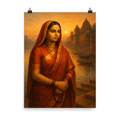 Ahilyabai Holkar by river ghats at dawn poster on a plain backdrop in size 8"x10".