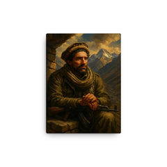 Ahmad Shah Massoud in Panjshir mountain command post canvas print on a plain backdrop in size 12"x16".