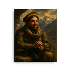 Ahmad Shah Massoud in Panjshir mountain command post canvas print on a plain backdrop in size 16"x20".