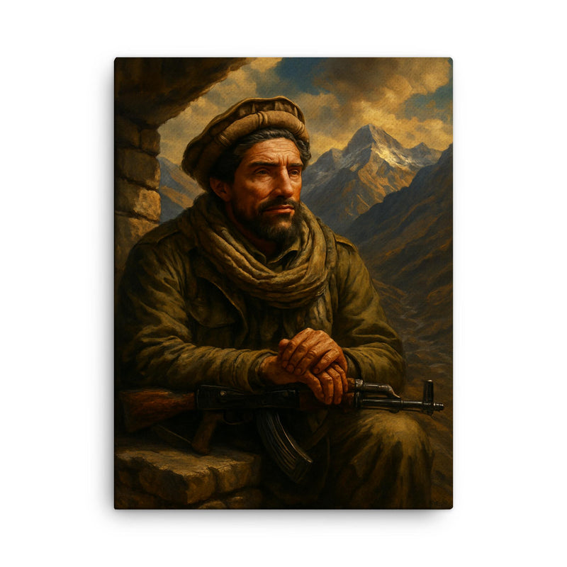 Ahmad Shah Massoud in Panjshir mountain command post canvas print on a plain backdrop in size 18