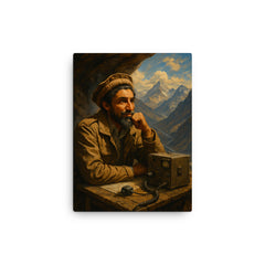 Ahmed Shah Massoud in mountain command post canvas print on a plain backdrop in size 12"x16".