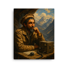Ahmed Shah Massoud in mountain command post canvas print on a plain backdrop in size 16"x20".