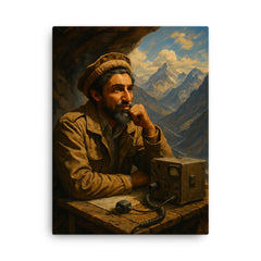 Ahmed Shah Massoud in mountain command post canvas print on a plain backdrop in size 18"x24".
