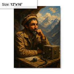 Ahmed Shah Massoud in mountain command post metal print on a plain backdrop in size 12"x16".