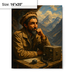 Ahmed Shah Massoud in mountain command post metal print on a plain backdrop in size 16"x20".