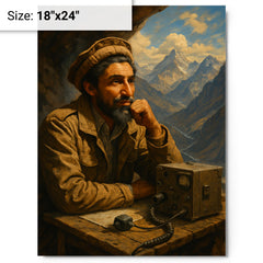 Ahmed Shah Massoud in mountain command post metal print on a plain backdrop in size 18"x24".