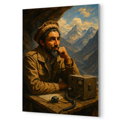 Ahmed Shah Massoud in mountain command post metal print mockup