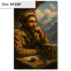 Ahmed Shah Massoud in mountain command post metal print on a plain backdrop in size 24"x36".