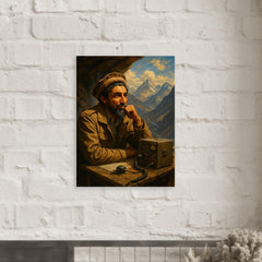 Ahmed Shah Massoud in mountain command post metal print mockup