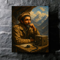 Ahmed Shah Massoud in mountain command post metal print mockup