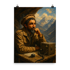 Ahmed Shah Massoud in mountain command post poster on a plain backdrop in size 8"x10".