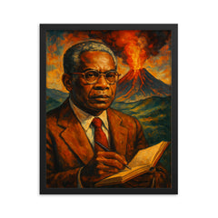 Aime Cesaire volcanic notebook portrait framed print on a plain backdrop in size 16"x20".