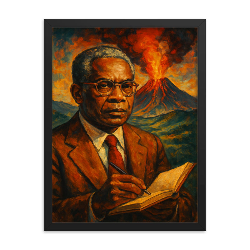 Aime Cesaire volcanic notebook portrait framed print on a plain backdrop in size 18