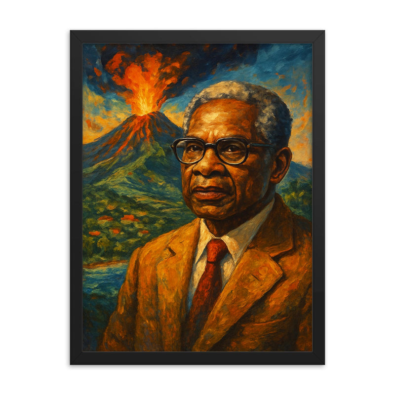 Aimé Césaire volcanic Martinique portrait framed print on a plain backdrop in size 18