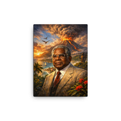 Aimé Césaire with volcanic Martinique backdrop canvas print on a plain backdrop in size 12"x16".