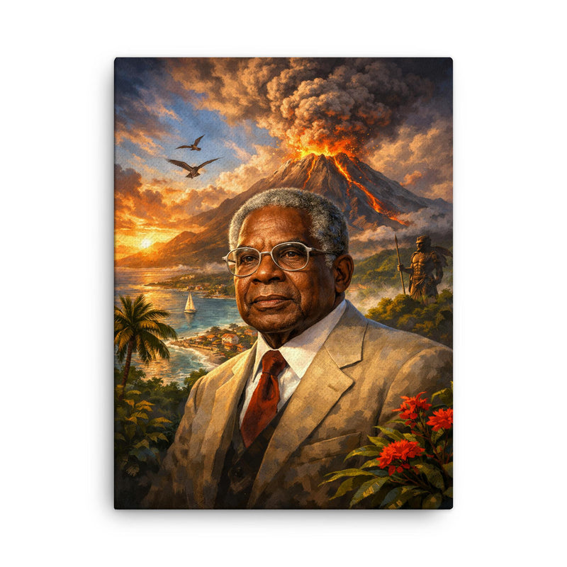 Aimé Césaire with volcanic Martinique backdrop canvas print on a plain backdrop in size 18