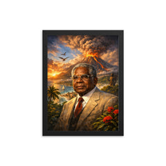 Aimé Césaire with volcanic Martinique backdrop framed print on a plain backdrop in size 12"x16".