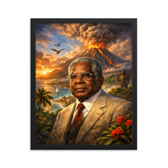 Aimé Césaire with volcanic Martinique backdrop framed print on a plain backdrop in size 16"x20".