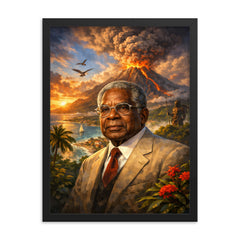 Aimé Césaire with volcanic Martinique backdrop framed print on a plain backdrop in size 18"x24".