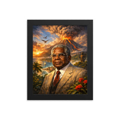 Aimé Césaire with volcanic Martinique backdrop framed print on a plain backdrop in size 8"x10".