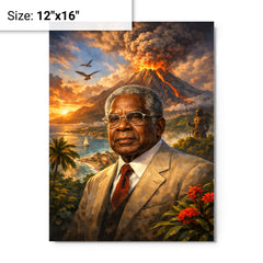 Aimé Césaire with volcanic Martinique backdrop metal print on a plain backdrop in size 12"x16".